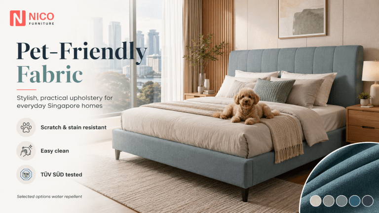 Pet-friendly upholstered bed frame with a dog in a modern Singapore bedroom, featuring scratch-resistant and easy-clean fabric