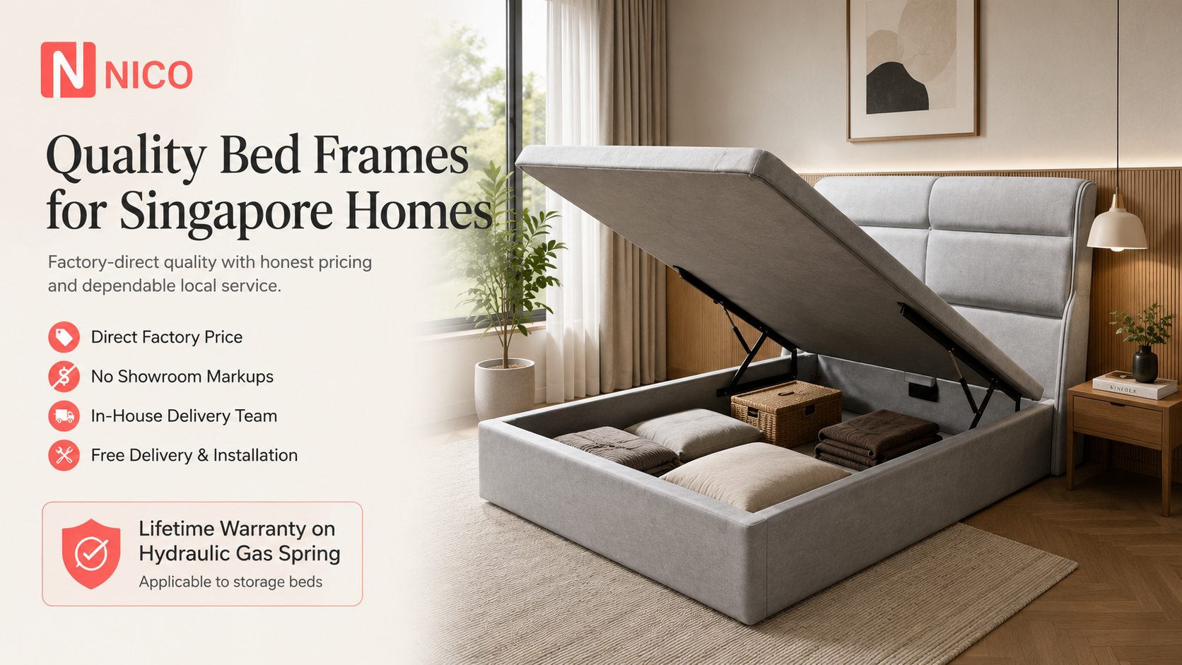 Modern storage bed frame with hydraulic lift in a stylish Singapore bedroom